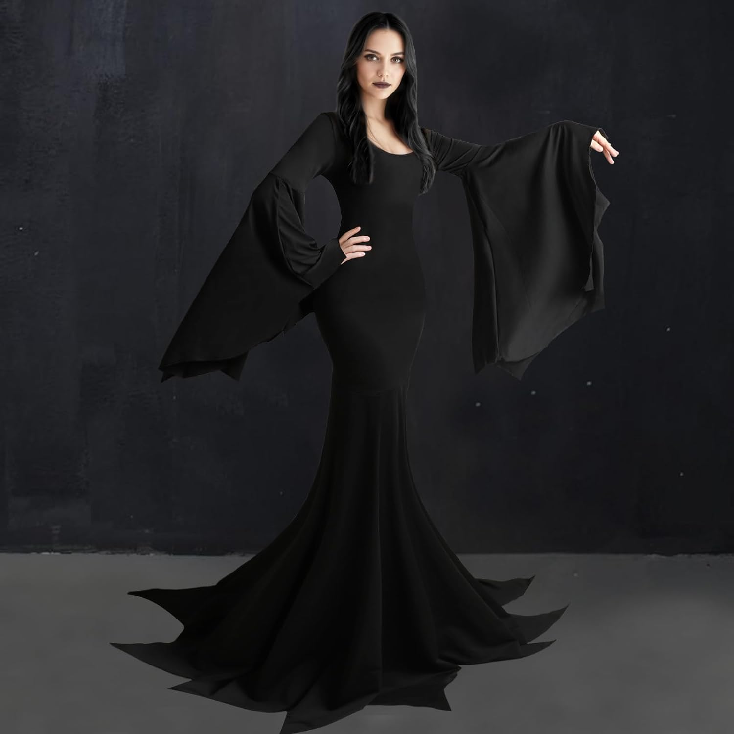 Womens Halloween Costumes Long Black Gothic Bat Sleeve Dress Goth Witch Dress - Image 3
