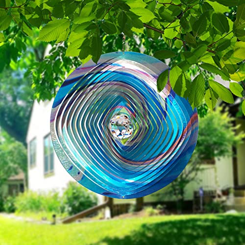Image of FONMY Mandala Wind Spinner w /Crystal Ball 3D Stainless Steel Hanging Wind Spinner Worth Gift Christmas Decoration Indoor /Outdoor Garden Decor Kinetic Yard Art 12 Inches Multi Blue Wind Sculpture