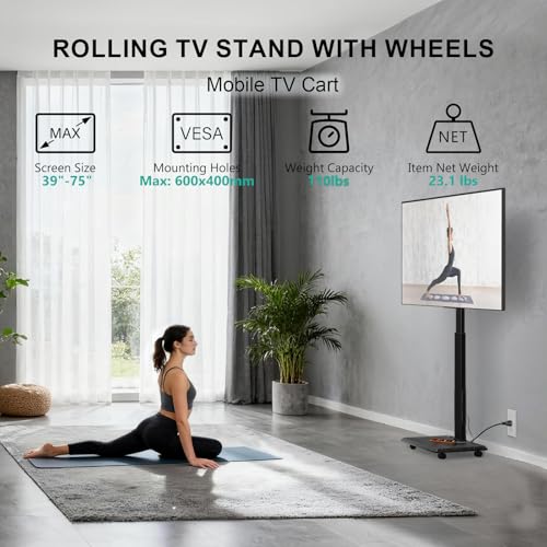 Image of WALI Rolling TV Stand with Power Outlet, Mobile Tall TV Stand Mount on Wheels for 39-75 inch TV up to 110 lbs, Swivel Height Adjustable TV Cart with Wood Base for Bedroom(TVDVD-7PR), Black