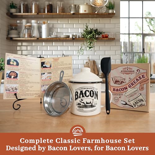 Image of Ayerphalo Bacon Grease Container with Strainer - With Food-Grade Silicone Spatula, 24oz Enamel Rustic Farmhouse Fat Container, Keeper, Recipes, Dishwasher Safe (Pack of 2)