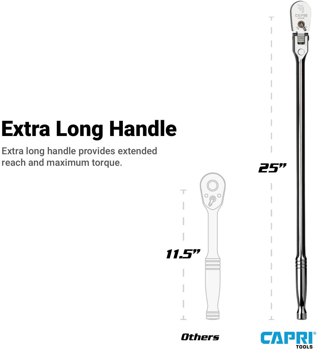 Capri Tools 1/2 in. Drive Fine 90-Tooth Locking Flex-Head Ratchet, Extra Long Chrome Handle