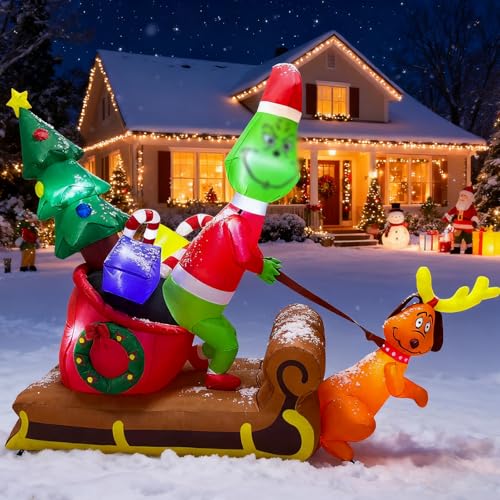 6.5FT Christmas Inflatable Outdoor Decoration Christmas Blow Up Yard Decorations Green Monster with Sleigh Dog and 7 LED Lights Light Up Yard Lawn Inflatable Decor