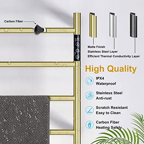Vjass Towel Warmers,4 Bars Design Stainless Steel Heated Towel Rack With Built-In Timer, Wall-Mounted Bath Towel Heater For Bathroom, Plug-In/Hardwired (Brushed Gold) #TOP6
