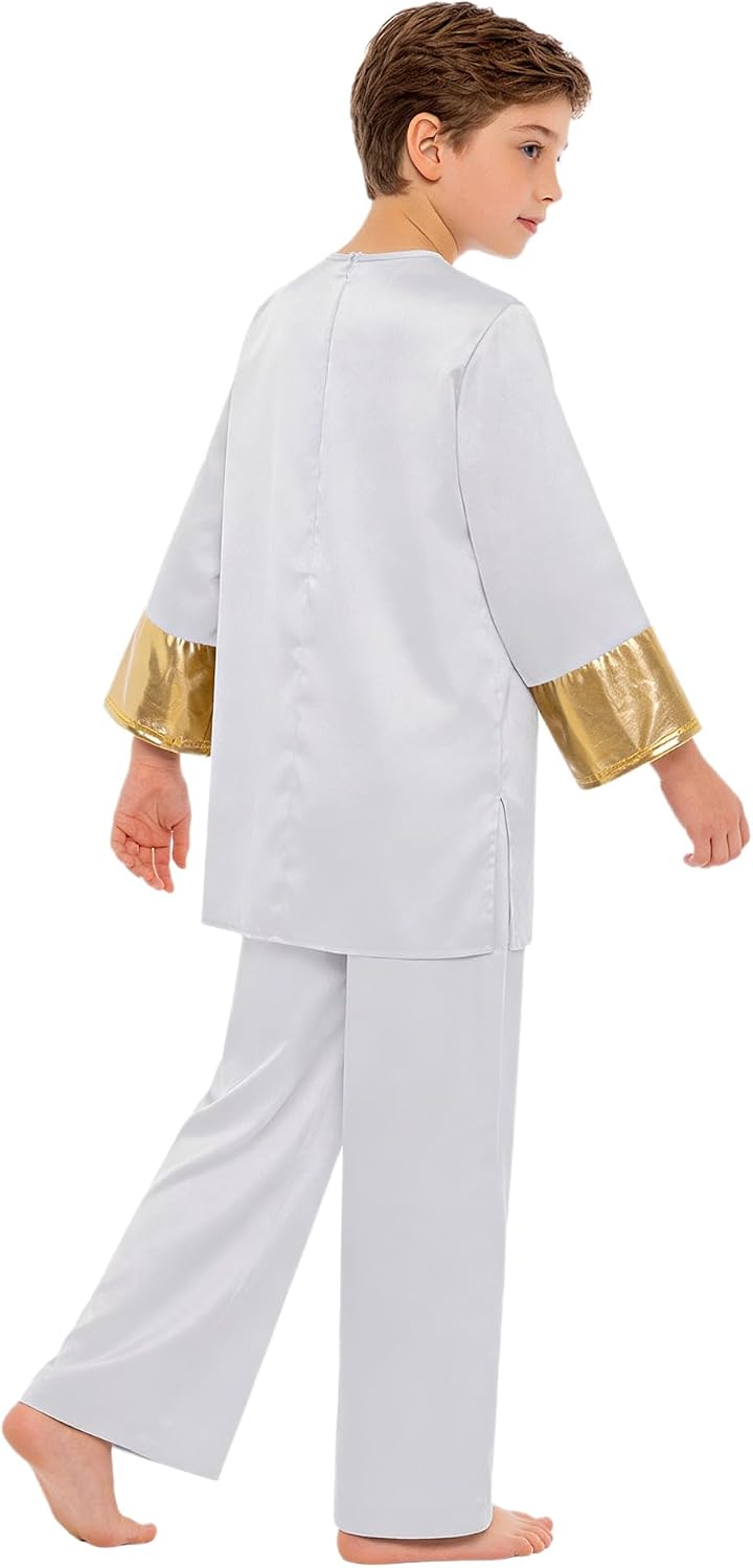 Kids Boys Satin Praise Dance Outfit Worship Pullover Top and Wide Leg Pants Church Liturgical Dancewear