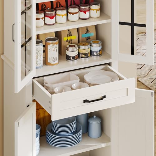 DWVO Farmhouse Kitchen Pantry Cabinet, 71" Tall Storage Cabinet with Adjustable Shelves & Glass Doors, Freestanding Kitchen Cupboard for Dining Room, Living Room, White Oak
