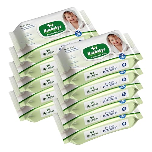 Image of Hushabye Premium Milk Baby Wipes with lid- 0+ Months, pH balanced, Paraben & Alcohol Free, Moisturising & Thick Wipes with purified Water, Gentle & soothing, 720pcs, Pack of 10