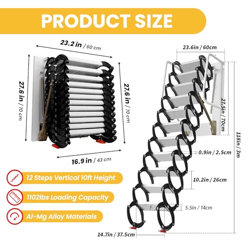 10FT Attic Ladder Pull Down System, 12-Step Heavy-Duty Al-Mg Alloy Collapsible Scissor Attic Stairs,1102lbs Wall Mounted Attic Ladders,Easy Install for Home Storage Attic Garage Basement (Al-Mg alloy)