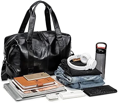 Large Capacity Leather Duffle Bag for Travel Oversized Carry On Overnight Weekender Bag for Men (Black) 3 Large Capacity Leather Duffle Bag for Travel Oversized Carry On Overnight Weekender Bag for Men (Black)