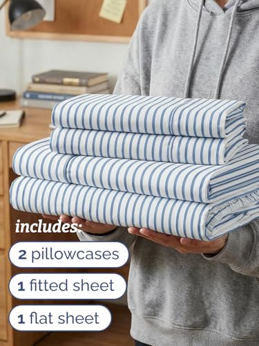 Image of Twin XL 4 Piece Sheet Set - College Dorm Room Essentials - Blue Stripes | Ultra Soft Dorm Bedding Set, 8 inch to 16 inch Inch Deep Pockets, 1 Flat & 1 Fitted Sheet & 2 Pillowcases, Wrinkle & Fade Free