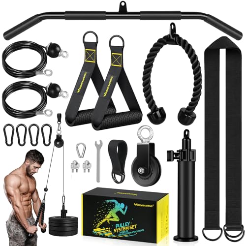 RENRANRING Pulley System, Weight Cable Pulley System for Home Gym,Cable Machine Attachment with 2 in 1 LAT Pull Down Bar,Tricep Rope,Long Strap,Exercise Handles for Biceps Curl, Forearm by RENRANRING - Used condition - US$42.85