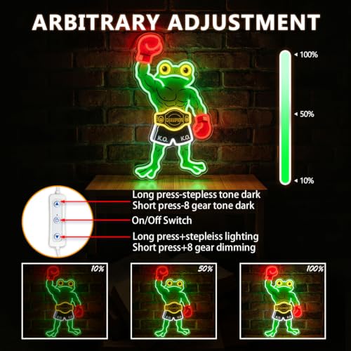 Image of HAJAE Frog Neon Sign, Dimmable Boxing Frog Champion LED Light Wall Decor - Funny Muscular Frog Gifts for Men Boys Kids, Wrestling Birthday Party Decorations, Gym Man Cave Room Neon Light