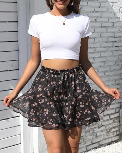 Image of Aoudery Flowy Shorts for Women Casual Boho Floral Skorts Ruffle Mini Skirts Running Tennis Butterfly Chiffon Shorts