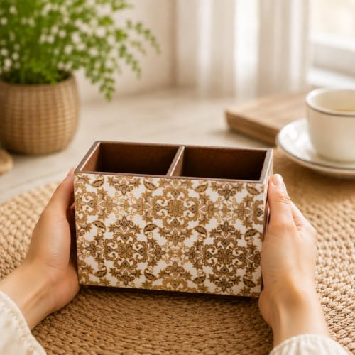 Image of Wooden Spoon Holder for Dining Table | 2-Section Cutlery Storage Box | Kitchen Utensil Organizer with Elegant Gold Pattern | Multipurpose Tabletop Stand | 10 x 16 x 12 cm (Gold Design)