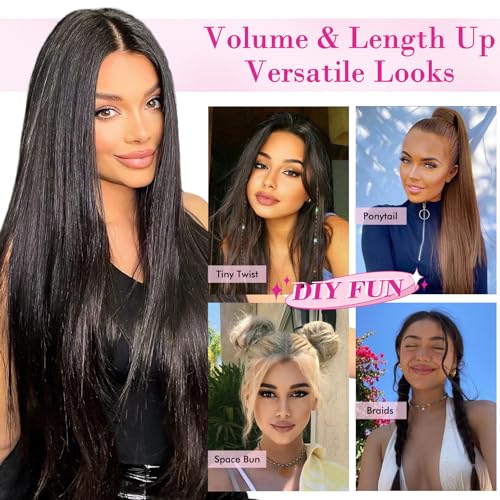 REECHO 28" Straight Super Long 4 PCS Set Thick Clip in on Hair Extensions Black Brown