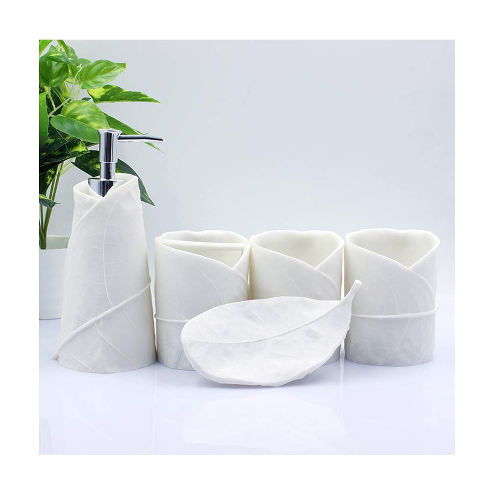 Estilo Moderno Blanco Juego de Accesorios de Baño de Resina Conjunto de Baño con Porta Cepillo de Dientes, 2 Tazas, Dispensador de Jabón Líquido, Jabonera, Diseño de la Hoja,Without Tray