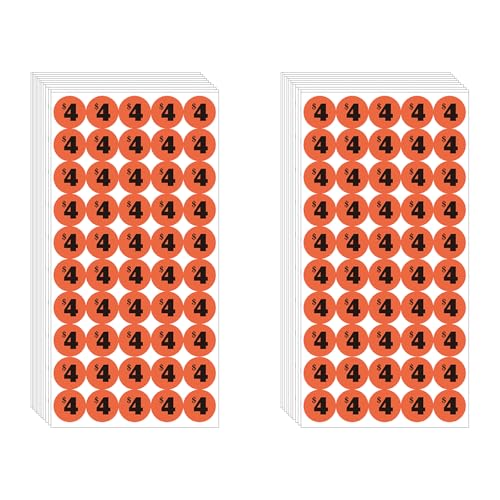 DUGUTUL 1000 pcs $4 Color-Coded Price Stickers for Garage Sale and Flea Market, 3/4" Diameter - Bold Fonts, Clear Visibility, High Visibility, Easy Organization