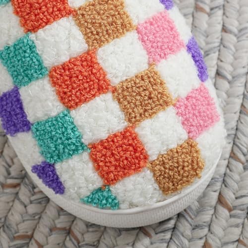 Generic Checkered Slippers for Women Men House Slippers Funny Fluffy Slippers Winter Shoes Outdoor Indoor Warm Plush Bedroom Slippers Blue 37-384