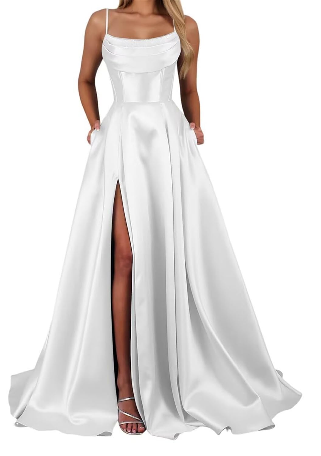 Yiann Women's White Prom Dresses For Spaghetti Strap Satin Formal Wedding Guest Dress Long Ball Gown Uk10
