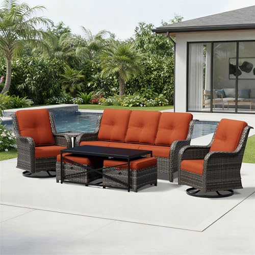 Image of Joyside 7 Piece Wicker Patio Furniture Set, Outdoor Swivel Rocker Patio Chairs with High Back, Deep Seating, Wide Armrest, Thickened Cushions, Outdoor Furniture for Deck, Porch Use