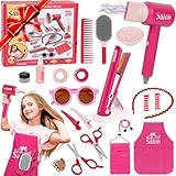 Kids Barber Shop Playset, Hair Salon Toys for Girls 3 4 5 6 Year Old, Pretend Play Doll Hair Styling Set with Blow Dryer, Straightener, Stylist Costume, Dresser Tools, Beauty Makeup, Birthday Gifts