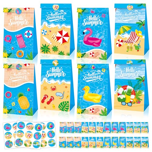 tineit 24 Pcs Summer Goodie Bags with 27 Stickers Hello Summer Pool Party Paper Bags for Beach Pool Birthday Party Decorations Snack Gift Bags Supplies