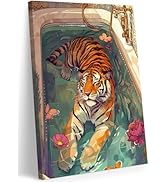 FWAHREN Tiger in Bathtub Funny Bathroom Wall Art, Vintage Rustic Farmhouse Animal Painting Pop Ar...