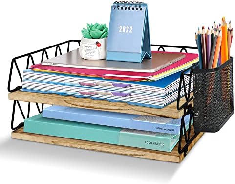 Desk Organizer, Paper Tray Organizer, Letter Tray & Stacking Supports for File Magazines Mail Organizer, Wood Desk File Organizer with Pen Holder, Office Supplies Holder for Office School(2 Layer)