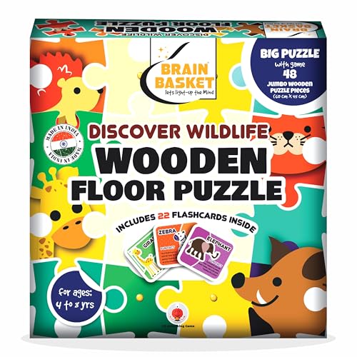Image of Wildlife Animal Floor Puzzle | Jumbo Wooden Jigsaw Puzzle with Flash Cards for Kids | Fun Facts Animal Puzzles, Educational Toys, Gift Toys for Ages 4+| Puzzle & Scrabble Game for Kids