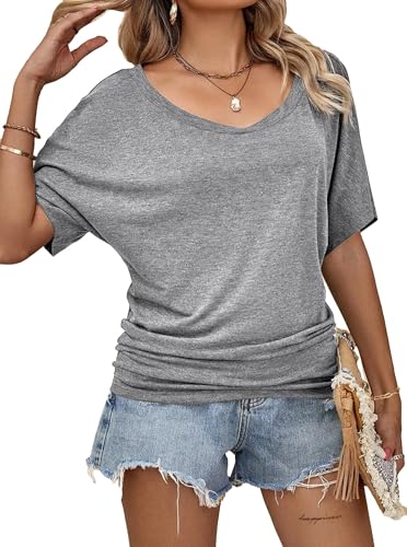 Image of Hilinker Womens Sexy Off The Shoulder Tops Short Batwing Sleeve T Shirt Oversized Casual Tee