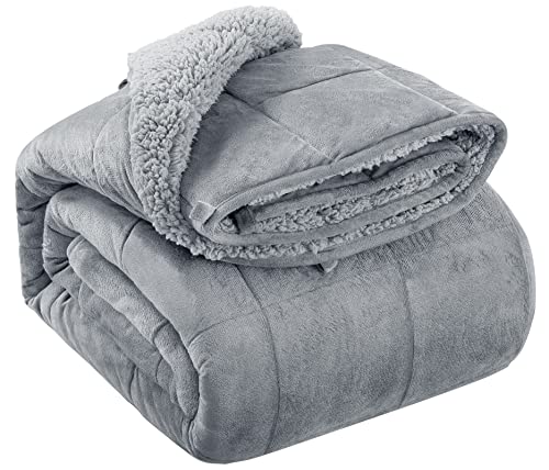 HBlife Sherpa Fleece Weighted Blanket for Adults, Oeko-Tex Certified 12 lbs Thick Fuzzy Bed Blanket, Heavy Reversible Soft Fluffy Plush Blanket with Premium Glass Beads 48X72 Inches, Dual Sided Grey