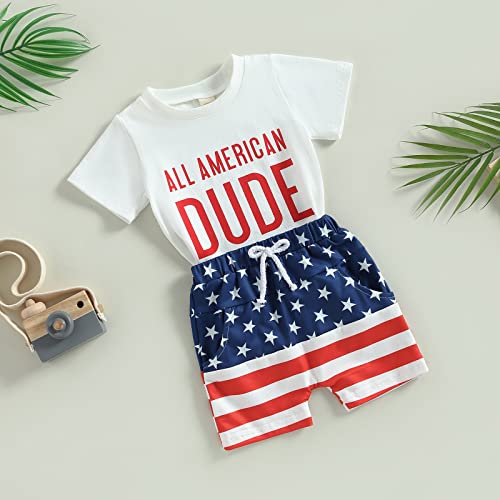 Baby Boy 4Th Of July Outfit All American Letter Print Short Sleeve Tshirt+Stars Stripes Shorts Fourth Outfit (All American Dude-White,6-12 Months) #TOP1