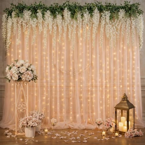 Image of Party Propz Peach Net Curtain for Decoration Backdrop with Artificial Ivory Wisteria Flower and Light - 9 Pcs Backdrop Decoration for Wedding, Birthday Backdrops, Background Decorations Items