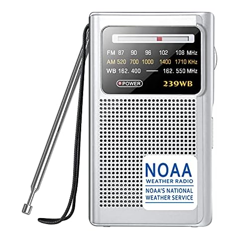 Greadio NOAA Weather Radio, AM/FM Battery Operated Transistor Portable Radio with Best Reception,Stereo Earphone Jack,Powered by 2 AA Battery for Emergency,Hurricane,Running, Walking,Home (Silver) Cover