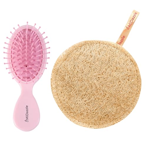 Image of Midazzle Premium Pink Unicorn Kids Hair Brush with Natural Loofah, Set of 2, 100g (MIHB0020+MIOL6103)