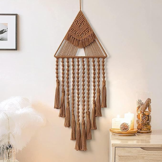 Cotton Handmade Macrame Boho Wall Hanging Dream Catcher Triangle Tassel | Bohemian Wall Art Home Decor - Brown