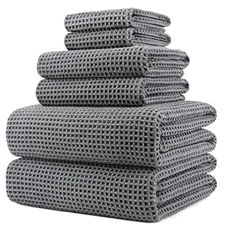 polyte oversize, 60 x 30 in., quick dry lint free microfiber bath towel set, 6 piece (gray, waffle weave) (b09dy4dbpd)