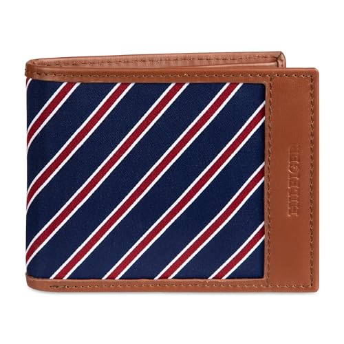 Tommy Hilfiger メンズ ネクタイ生地 パスケース財布, タン - パスケース, One Size, Rfidクラシックストライプファブリックインレイレザーウォレット - パスケース、三つ折り、マグネットフロントポケット