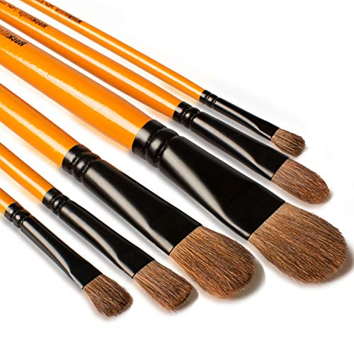 Filbert pinceaux, Pinceau du0092Art, Pinceaux de Langue de Chat ideal für Paint pour Acrylique, Huile, Gouache, Peinture corporelle créative et Peinture Aquarelle set, 6 pcs, Long Manche en Bois