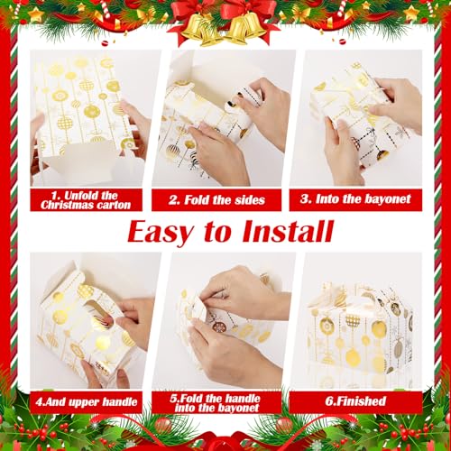 Faccito 24 Pack Christmas Treat Boxes Xmas Cardboard Gable Boxes Foil Gift Goody Candy Cookie Boxes with Handles for Gift Wrapping Holiday Party Favor Present Supplies, 6 Designs (Gold)