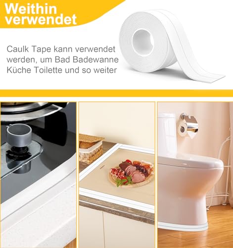 White Caulk Tape Self Adhesive, Waterproof Toilet Caulk Sealant Tape, Shower Seal Strip for Kitchen, Countertop, Bathroom, Bathtub, Sink, Toilet Edge Protector with Sealing Tool (1.5\"x16.4Ft)
