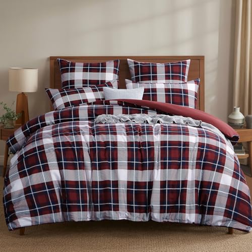 Image of Aisbo King Size Bedding Duvet Cover Sets - 3 Pieces Tartan Bedding Set Burgundy Rot, Soft Brushed Microfiber Kingsize Bed Quilt Cover with 2 Pillowcase, 230x220 cm, Gingham