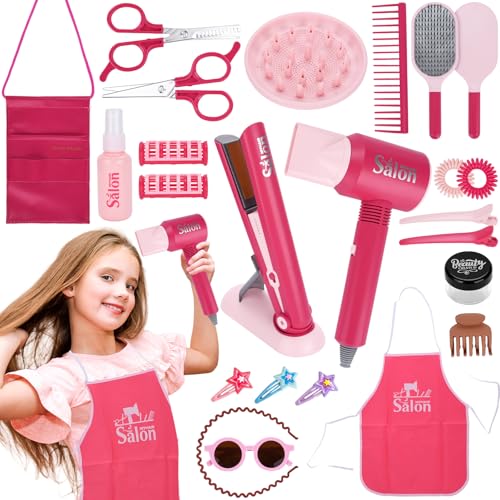 TAVADA Juego de Peluquería para Niños,Juego de Simulación de Peluquería,Set Salón de Belleza Juguetes Niña con Secador,Rizador,Clip,Delantal,Peine etc,Juegos de rol para Niños y Niñas 3+ Años