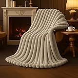 Amélie Home Faux Fur Throw Blanket for Couch, Cozy Fuzzy Fluffy Fur Luxurious Soft Striped Plush Gift Blankets for Family Sofa Chair Bedroom, 55'x70', Beige