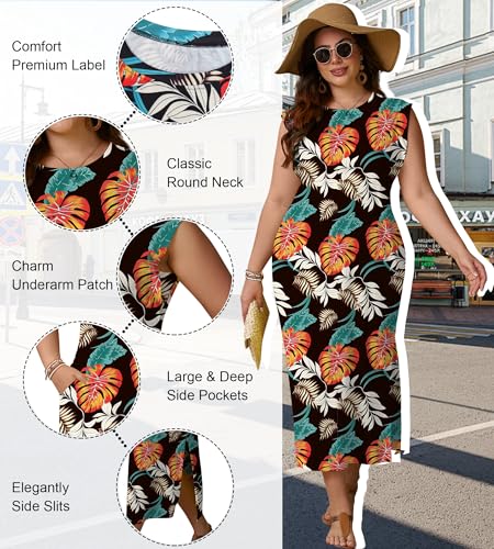 Image of UOUA Women Summer Maxi Dresses Plus Size Casual Hawaiian Sundress Sleeveless Loose Split Beach Dress with Pockets