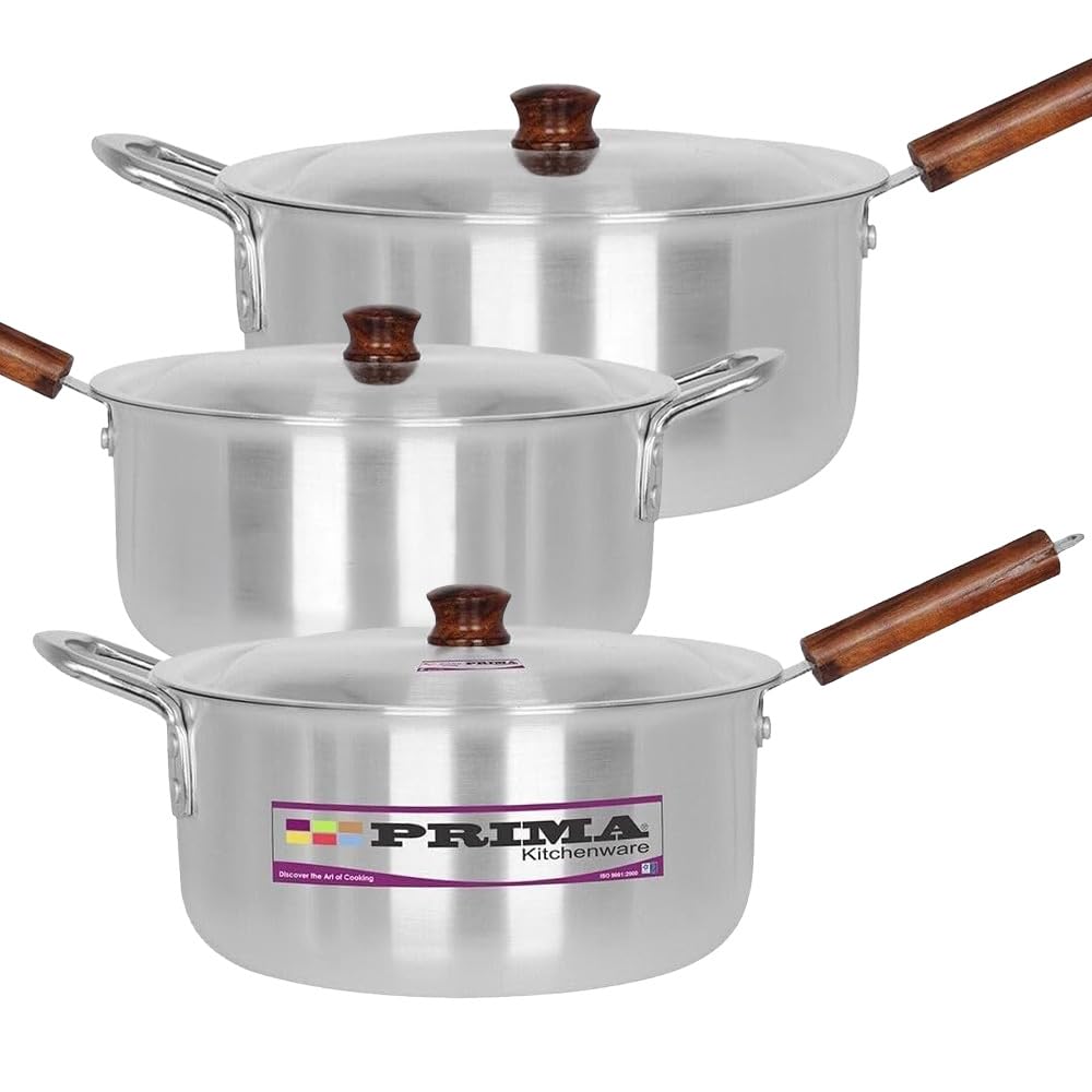 6Pc Large Aluminium Saucepans Set - Cookware Set, Stockpots Come with Lids | Ideal for General Cooking & Catering | Strong Reinforced Wooden Handles, Durable & Long Lasting