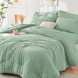 HYMOKEGE Sage Green Queen Comforter Set Seersucker 7 Pieces, All Season Luxury Bed in a Bag for Bedroom, Bedding Set with Comforters, Sheets, Pillowcases & Shams