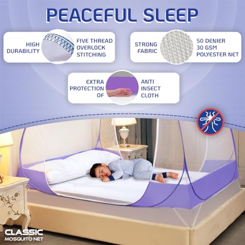 Image of Classic Mosquito Net Premium for King Size Bed | 30 GSM Polyester Fine Mesh | Foldable Pop Up Machardani for Double Bed | 360 Mosquito & Insect Protection | Washable & Reusable | Purple