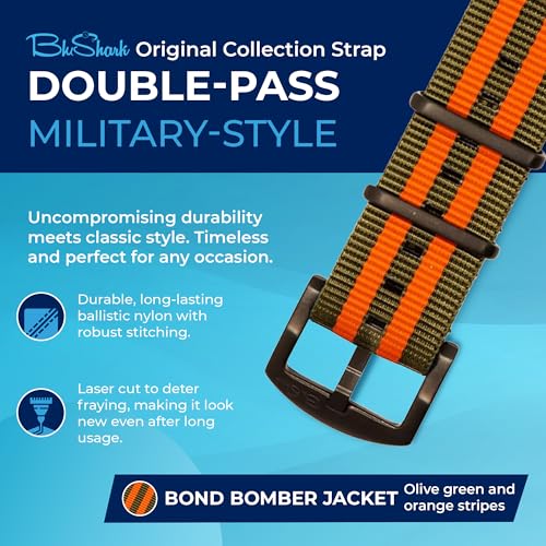 Image of BluShark - Original Collection Military-Style Waterproof Watch Strap, Fits All Timepiece Brands, Durable Nylon Wristwatch Accessories with Stainless Steel Buckle - 18mm, 20mm, 22mm & 24mm Watch Bands