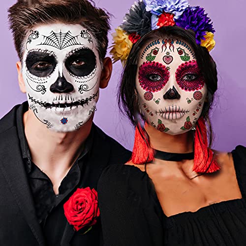 20 Sheets Day Of The Dead Face Sugar Skull Tattoos ,Including 8 Large Sheets Halloween Temporary Face Tattoos, Halloween Sugar Skull Face Tattoos #TOP2
