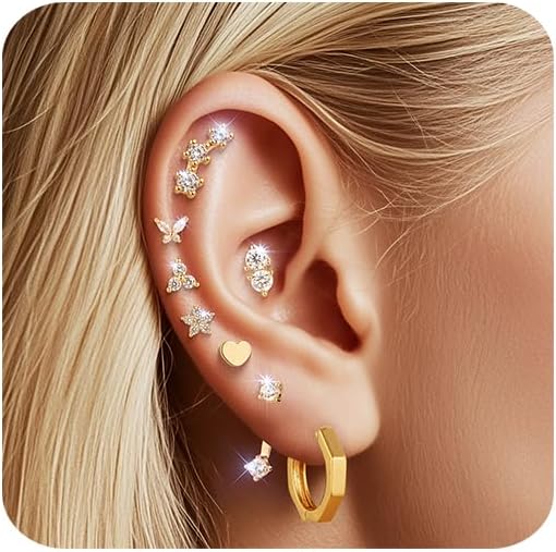 14K Gold Flat Back Earrings Hypoallergenic for Women Cartilage Earring Stacks Surgical Steel Earring for Sensitive Ears Flatback Stud Hoop Cartilage Earring for Multiple Piercing - Image 8